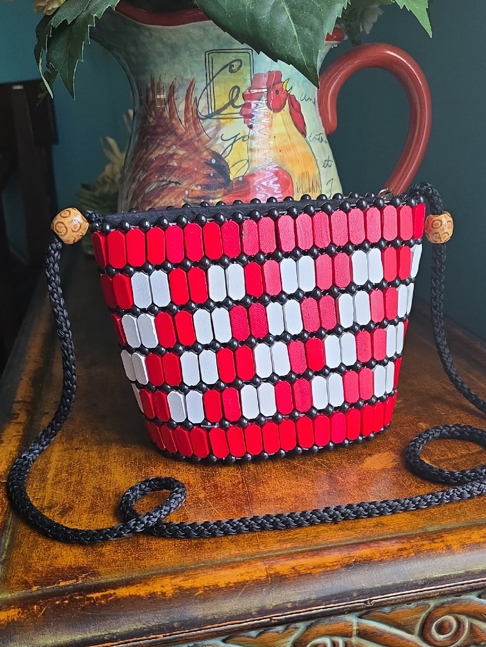 Handmade Red and White Bamboo Wood Shoulder Hand Bag.